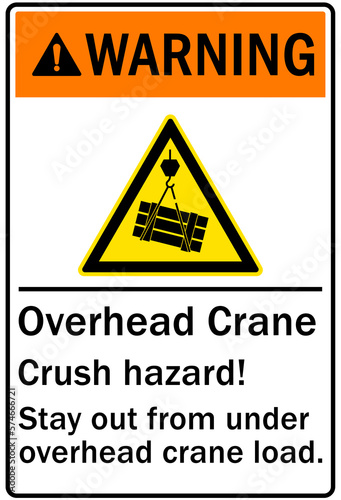 Overhead crane hazard sign and labels crush hazard! Stay out from under overhead crane load