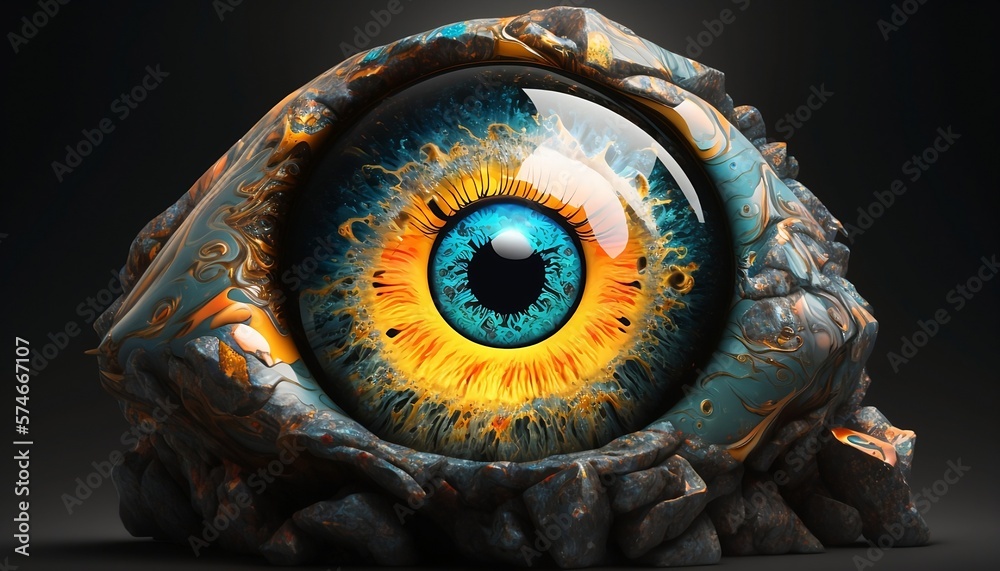 gros plan d'un oeil bleu et jaune, généré par IA