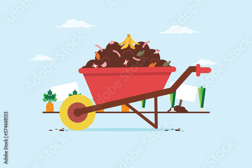 Wheelbarrow full of compost with worms and vegetable garden in the background. Recycling concept. Vector illustration flat design style. 
