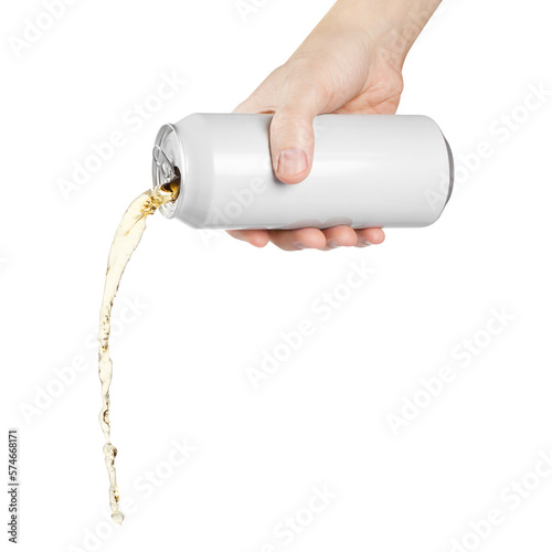 Fotografía Hand holding white aluminium can, pouring beer or soda, cut out