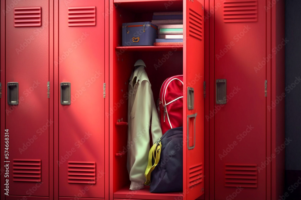 red school locker, The door of a closet is open, inside is a bag