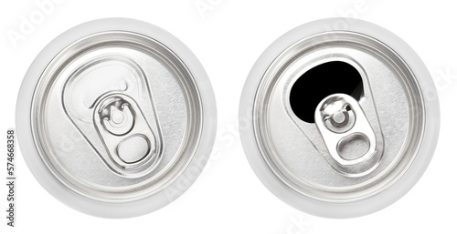Top view of closed and opened aluminium cans cut out