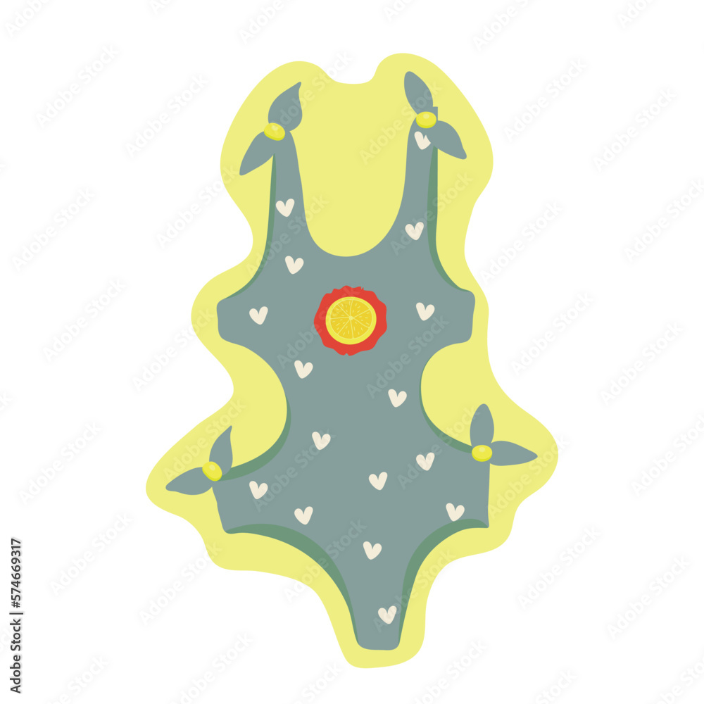 Beautiful blue swimsuit with hearts. sticker isolated on a white background. Swimming. Summer and vacation. Vector illustration. Clipart. Vector illustration Beautiful blue swimsuit with hearts. sticker isolated on a white background. Swimming. Summer and vacation. Vector illustration. Clipart. Vector illustration