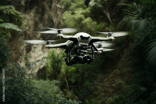 drone flying among the trees in the green jungle illustration Generative AI