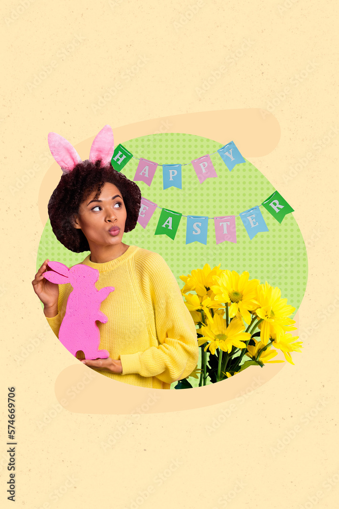Fototapeta premium Creative postcard brochure collage of funny lady in rabbit ears look easter decoration flags hold chocolate present