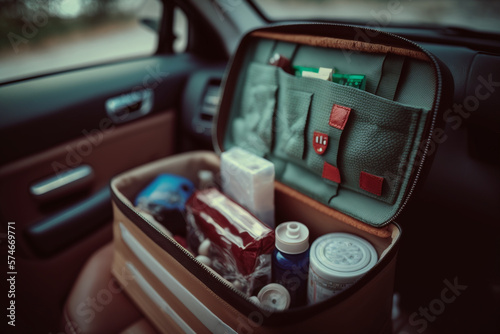 car first aid kit, suitcase with medical supplies illustration Generative AI