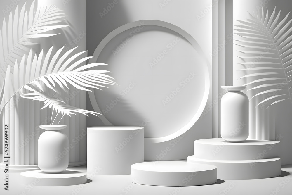 Abstract white 3D room with realistic white pedestal podium and ...