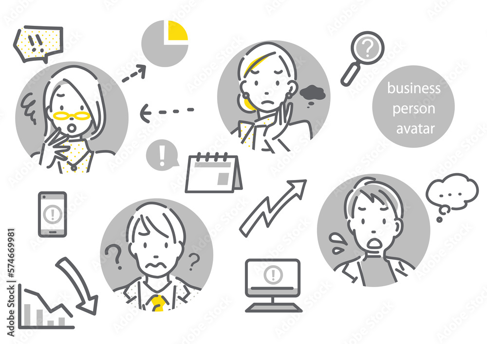 ビジネスパーソンとビジネス素材のアイコン風手描きイラストセット　シンプルでお洒落な線画イラスト