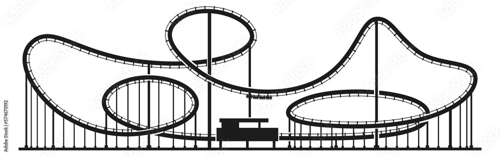 Rollercoaster black silhouette. Amusement park speed ride