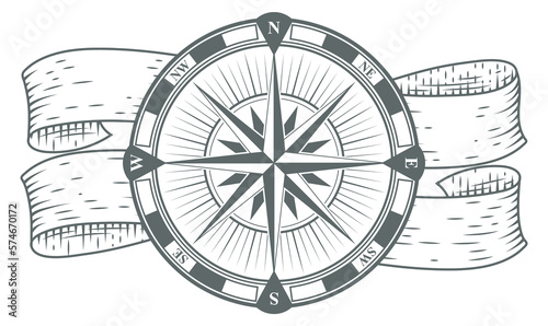 Foto Marine compass drawing. Vintage nautical travel device