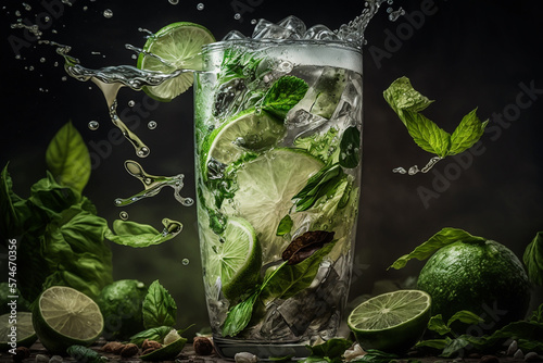 cold fresh mojito with ice mint and lime in a glass,summer drink illustration Generative AI