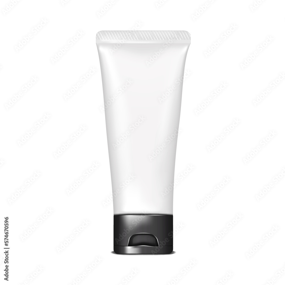 Plastic squeeze tube packaging realistic vector mockup. White blank flexible container with black screw flip top cap mock-up. Template for design Plastic squeeze tube packaging realistic vector mockup. White blank flexible container with black screw flip top cap mock-up. Template for design