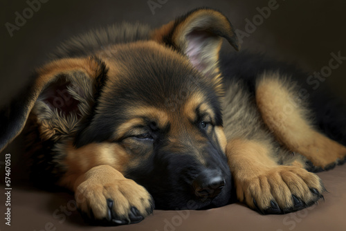 German shepherd puppy sleeping  close up. Baby dog portrait. Generative AI