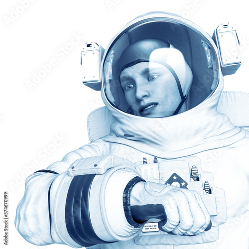 astronaut checking the air pose in a white background close up