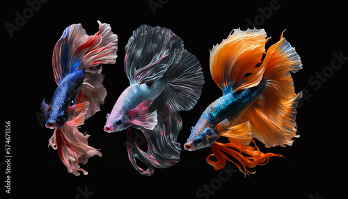 Ai generate illustrations of Siamese fighting fish (betta). Colorful fighting fish isolated on black background.