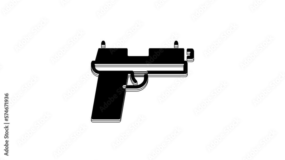 Black Pistol or gun icon isolated on white background. Police or military handgun. Small firearm. 4K Video motion graphic animation Black Pistol or gun icon isolated on white background. Police or military handgun. Small firearm. 4K Video motion graphic animation