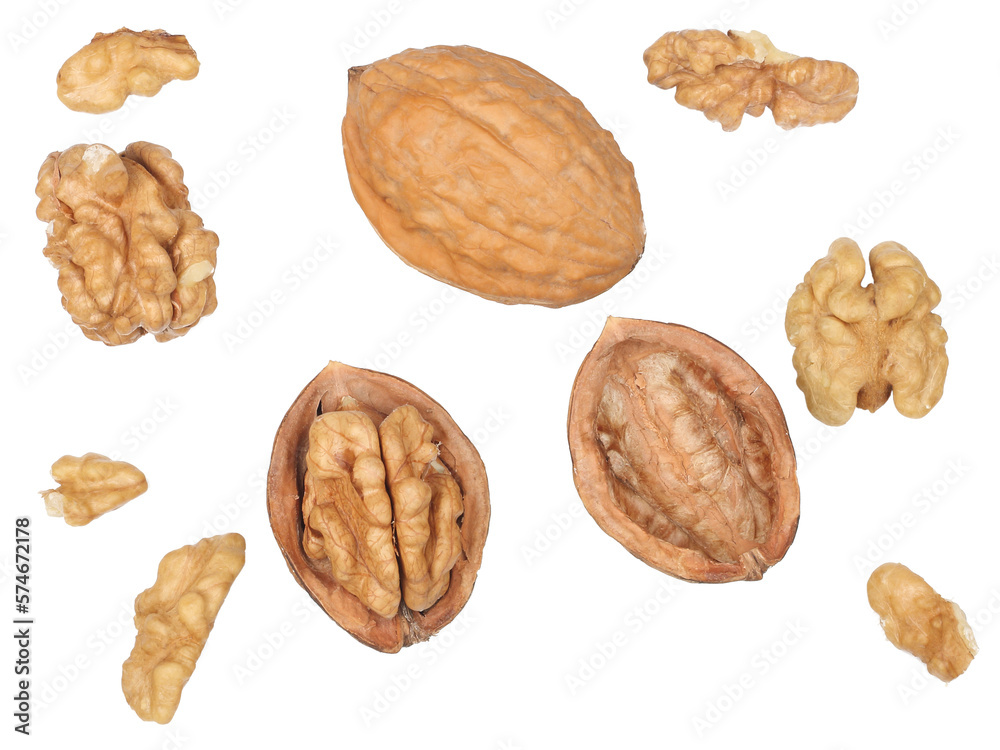 Walnuts isolated on white background, top view Walnuts isolated on white background, top view