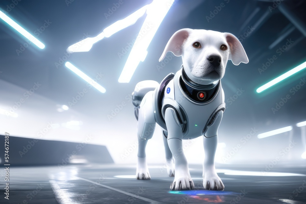 White AI Dog Robot: A Futuristic and Modern Canine Bot for Technology and Innovation Concept Design White AI Dog Robot: A Futuristic and Modern Canine Bot for Technology and Innovation Concept Design