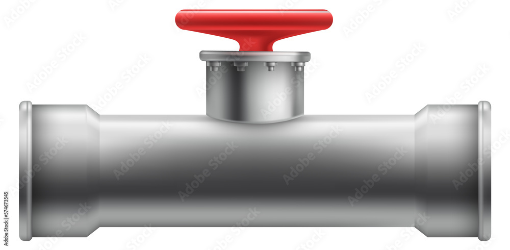 Metal tube with red valve. Water pipe mockup Metal tube with red valve. Water pipe mockup