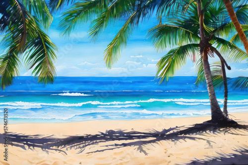 Beach and palm trees  illustration in watercolor style. AI generative.