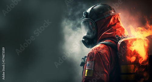 A firefighter in a protective suit on a dark background. Generative AI 