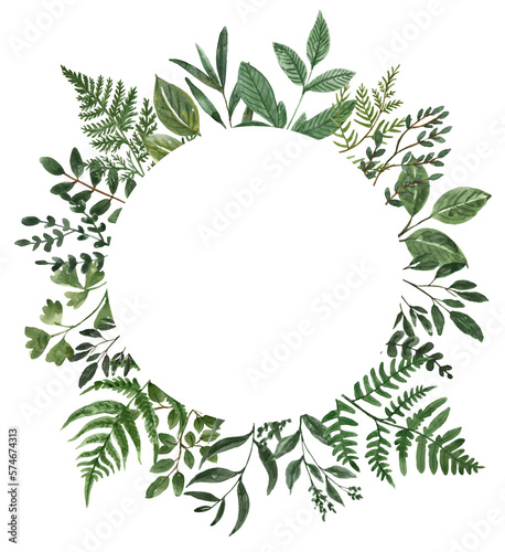 Round frame with spring greens and foliage. Watercolor floral wreath made of greenery and forest plants. PNG clipart.