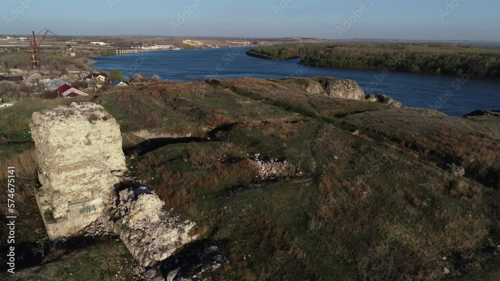 The ruins of the fortress Carsium filmed from a drone and located on the banks of the Danube river, in the city of Harsova. Dobrogea, Romania. The ruins of the fortress Carsium filmed from a drone and located on the banks of the Danube river, in the city of Harsova. Dobrogea, Romania.