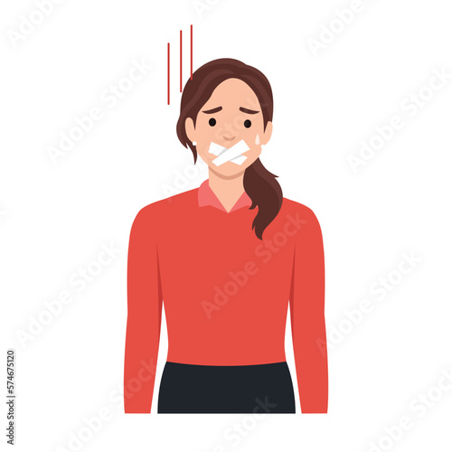 Portrait of attractive brunette young woman silenced with mouth covered with grey tape. Flat vector illustration isolated on white background