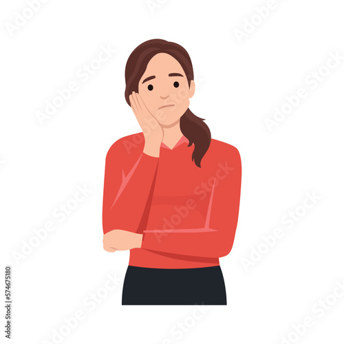 Sad young business woman with hand on chin. Flat vector illustration isolated on white background