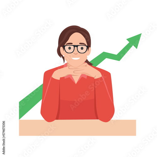 Revenue management concept. Woman studies stock market statistics and thinks where to invest money more profitably. Income growth. Flat vector illustration isolated on white background photo