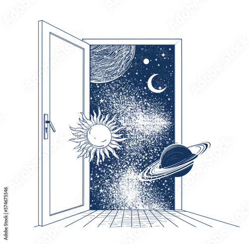 Open door to space with flying planets, sun and moon. Concept of imagination, new idea, new possibilities and new life. Vector illustration for t-shirt print, psychedelic card.