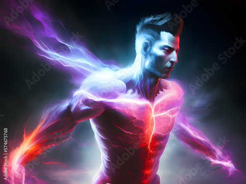 Überirdisch Mann Blitz und Feuer Körpersilhouette Strahlen Energie. Biopunk
