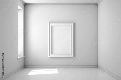 Mockup picture frame border in the center of a white, empty room. Concept for an ornamental and abstract object. Simplicity and minimalist architecture are themes. example: graphic design. Generative