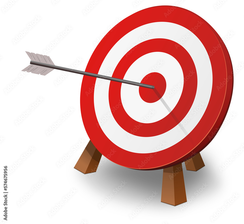 Archery target in which an arrow hits the center in a perfect shot Archery target in which an arrow hits the center in a perfect shot