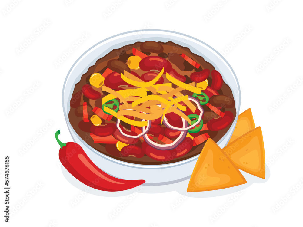 Chili con carne bowl vector illustration. Traditional Mexican spicy dish Chili with meat, beans, cheese and nacho chips icon vector isolated on white background Chili con carne bowl vector illustration. Traditional Mexican spicy dish Chili with meat, beans, cheese and nacho chips icon vector isolated on white background