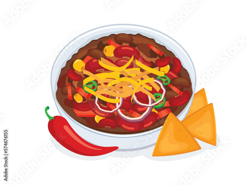 Chili con carne bowl vector illustration. Traditional Mexican spicy dish Chili with meat, beans, cheese and nacho chips icon vector isolated on white background