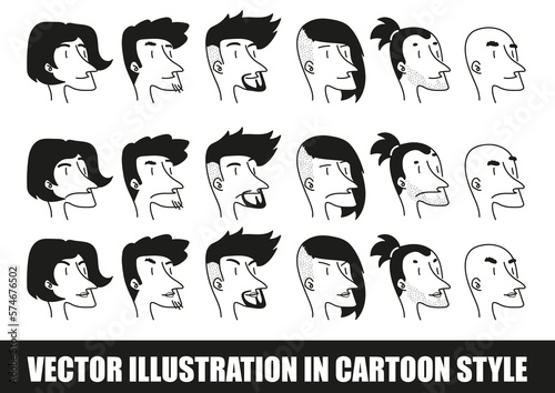 Ensemble de visages avec des coiffures et expressions différentes, dessiné à la main, vecteur