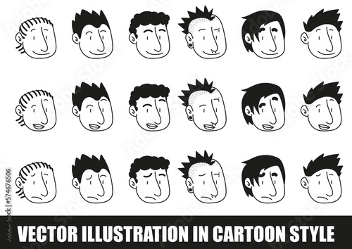 Ensemble de visages avec des coiffures et expressions différentes, dessiné à la main, vecteur