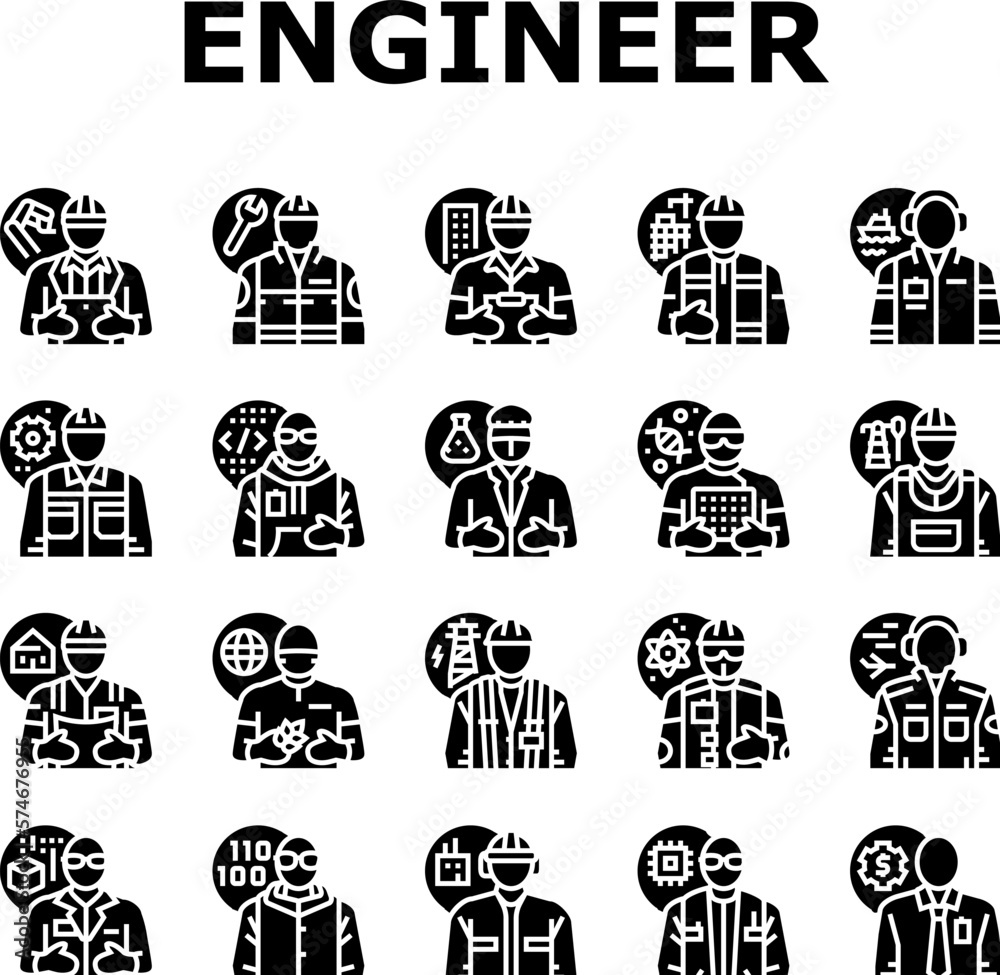engineer technology work man icons set vector