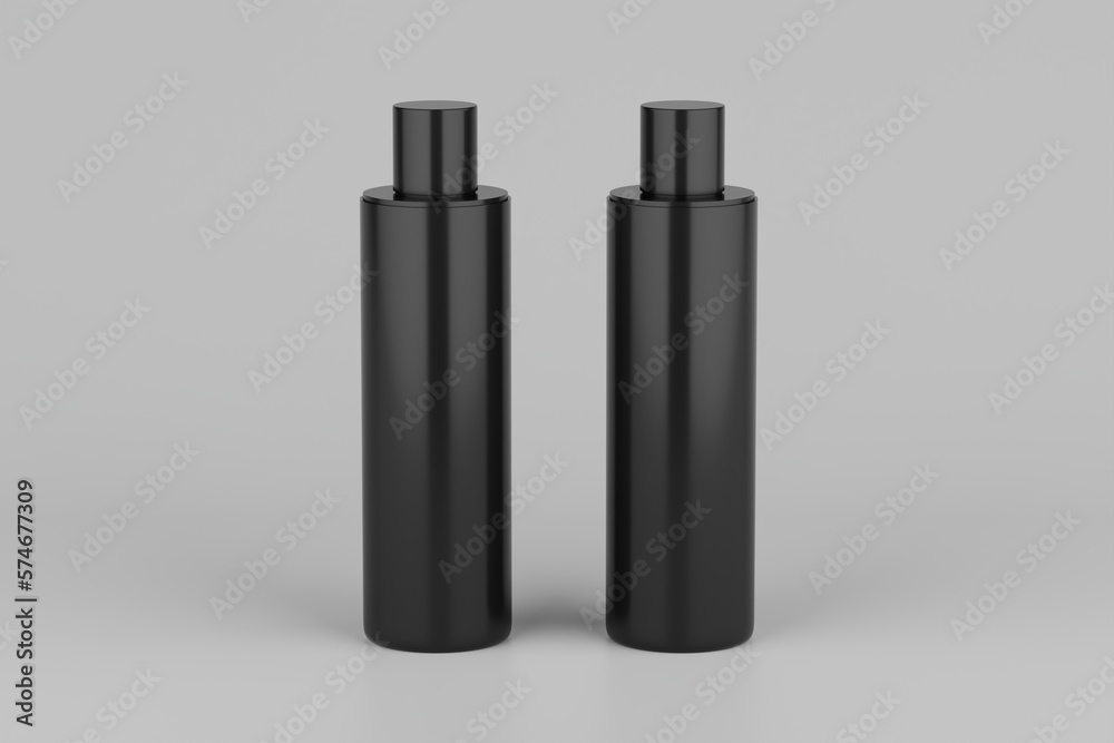 Black Plastic Shampoo  Multiple Cosmetic Bottle Mockup. 3D Rendering