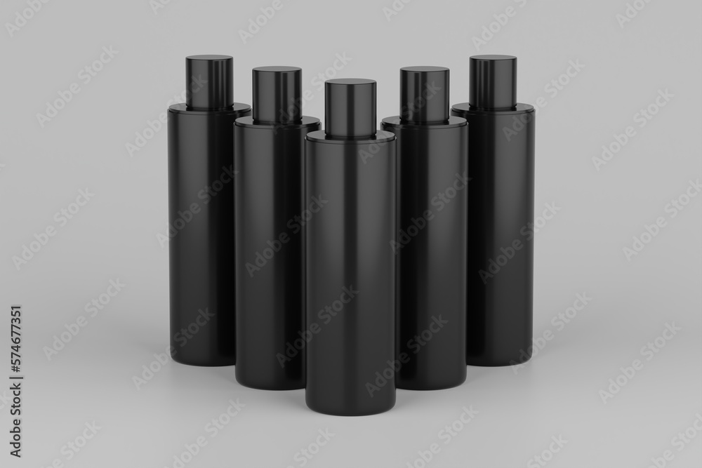 Black Plastic Shampoo Multiple Cosmetic Bottle Mockup. 3D Rendering Black Plastic Shampoo Multiple Cosmetic Bottle Mockup. 3D Rendering