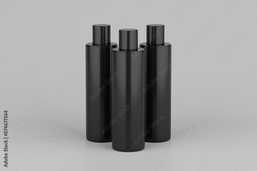 Black Plastic Shampoo  Multiple Cosmetic Bottle Mockup. 3D Rendering