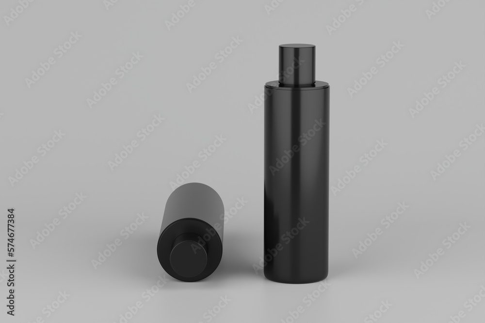 Black Plastic Shampoo  Multiple Cosmetic Bottle Mockup. 3D Rendering