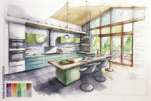 modern kitchen project plan scheme, watercolor. Generative AI