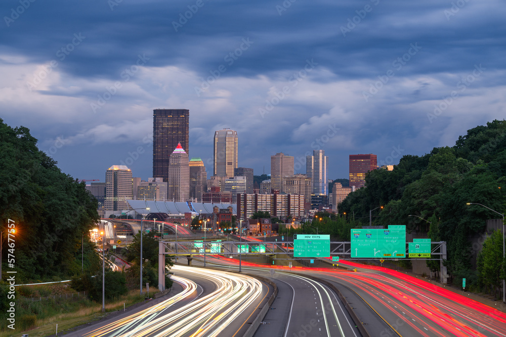 Pittsburgh, Pennsylvania, USA Downtown City Skyline Over Highways
