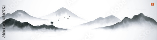 Ink wash painting with pagoda temple and foggy mountains. Panoramic landscape in traditional oriental ink painting sumi-e, u-sin, go-hua. Translation of hieroglyph - eternity