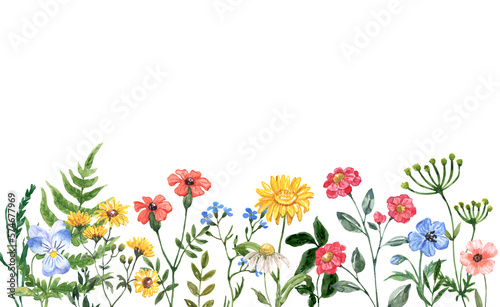 Watercolor floral frame. Hand-painted cute whimsical flowers and grasses on white background. Botanical border.