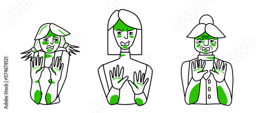 Disgust emotion female set. Young, adult and old women with a disgusted mood, negative reaction, cover themself with hands. Line art drawing human characters. photo