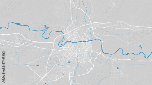 River Ebro map, Zaragoza city, Spain. Watercourse, water flow, blue on grey background road map. Vector illustration.