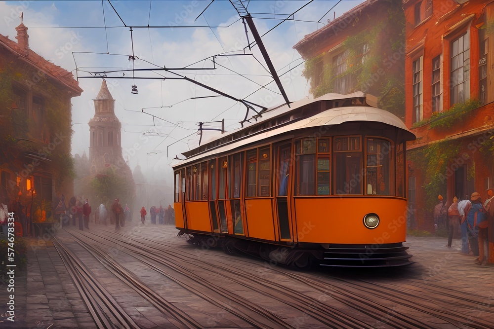 Tram in old city, oil paintings landscape - generative ai